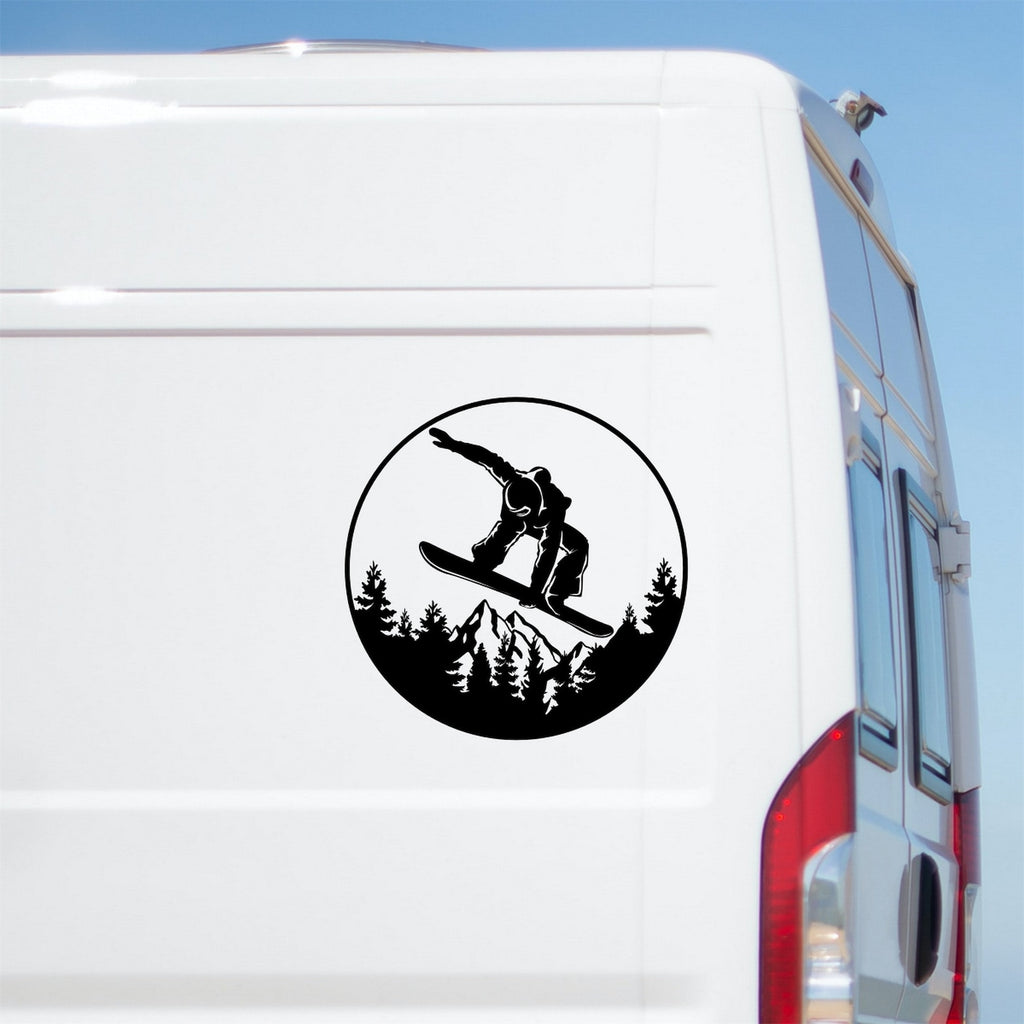 Snowboarding caravan sticker on a van