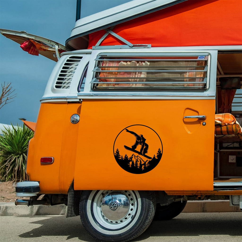 Snowboarding sticker on a campervan