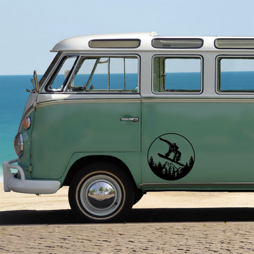 Snowboarding decal on a campervan