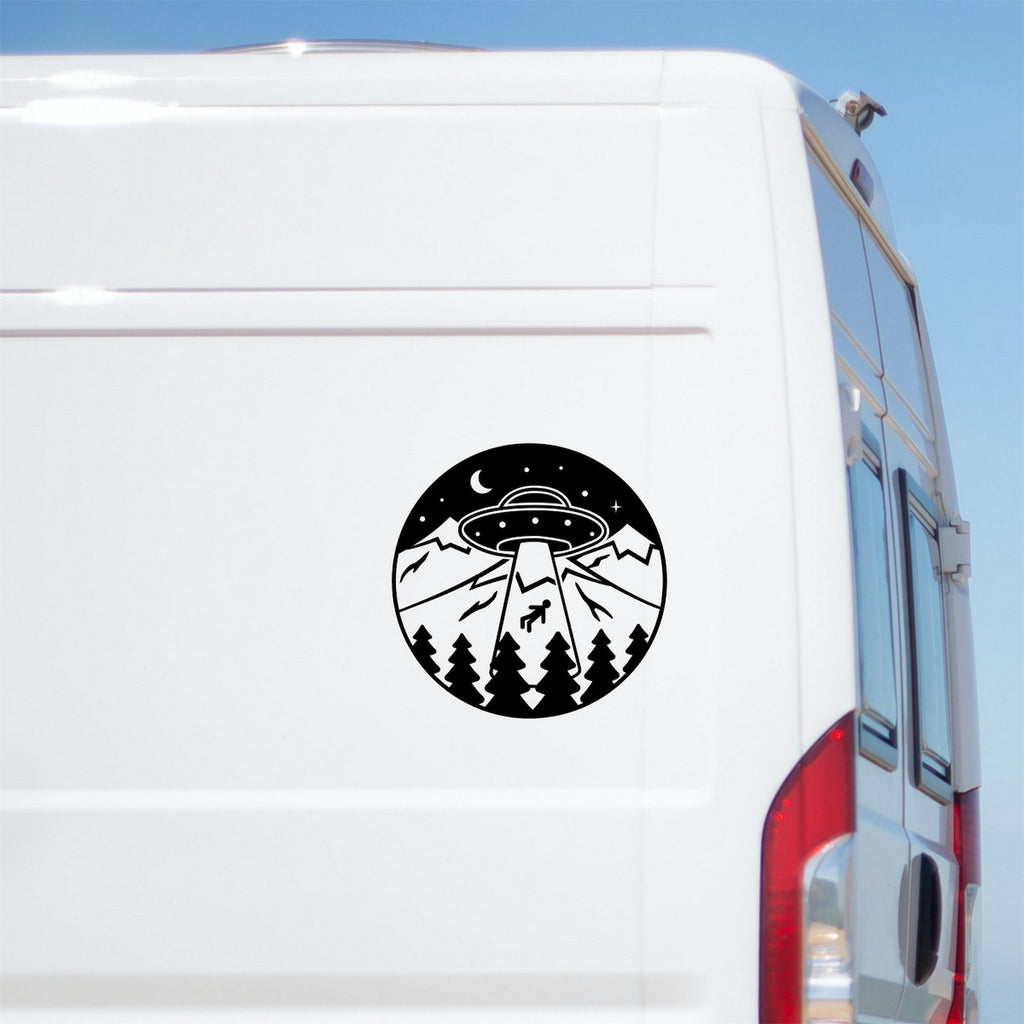 Alien Abduction caravan sticker on a van