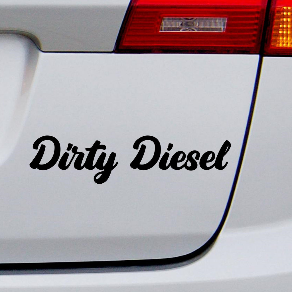 Black Dirty Diesel bold script decal on a white vehicle tailgate beneath a rear light.