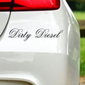 Black Dirty Diesel car sticker with ornate looping capitals on white vehicle bodywork.