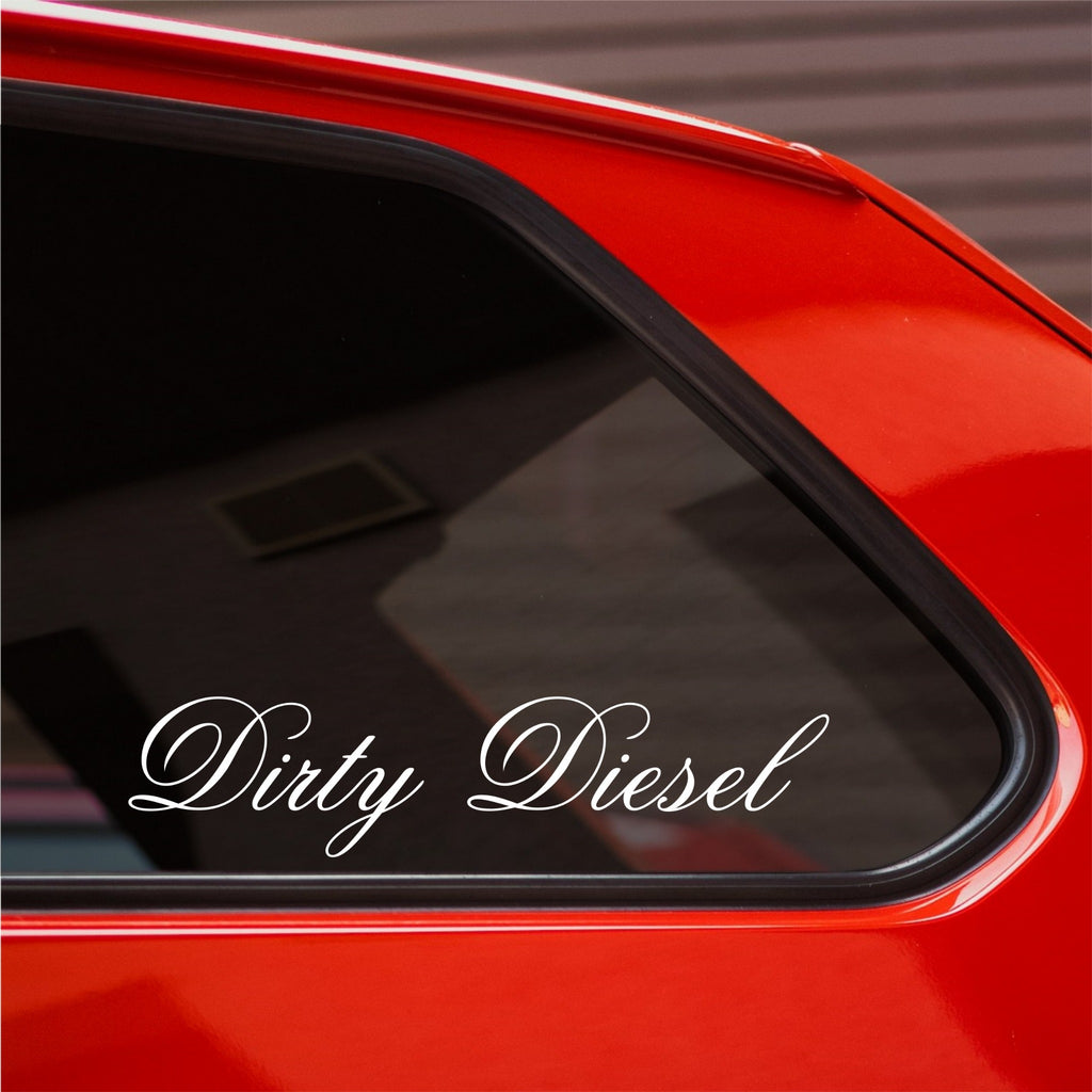 White Dirty Diesel elegant script decal on a red car's rear side window.