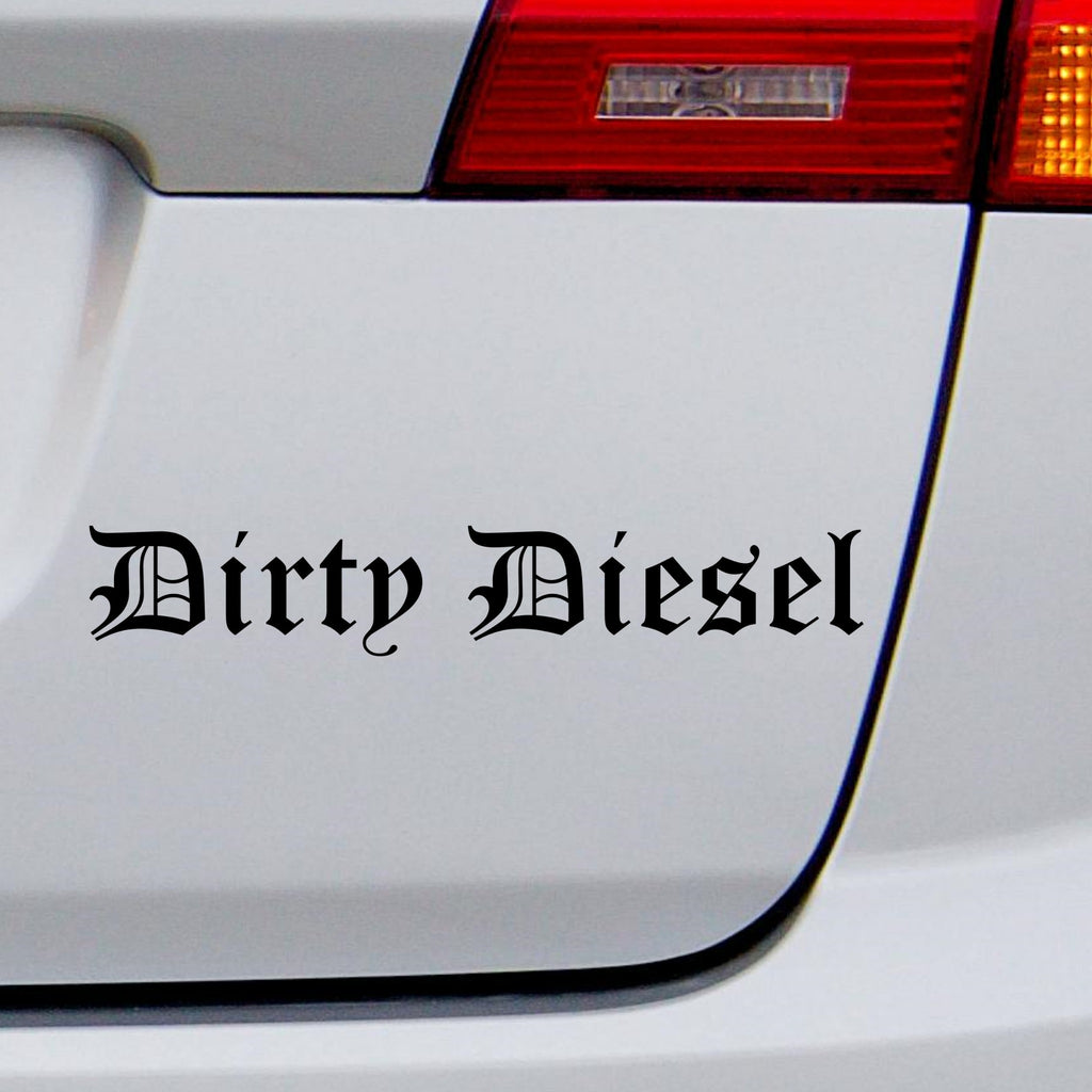 Black Dirty Diesel gothic car sticker on a white vehicle tailgate beneath a rear light.
