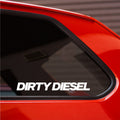 White Dirty Diesel car sticker in bold slanted capitals on a red car's rear side window.