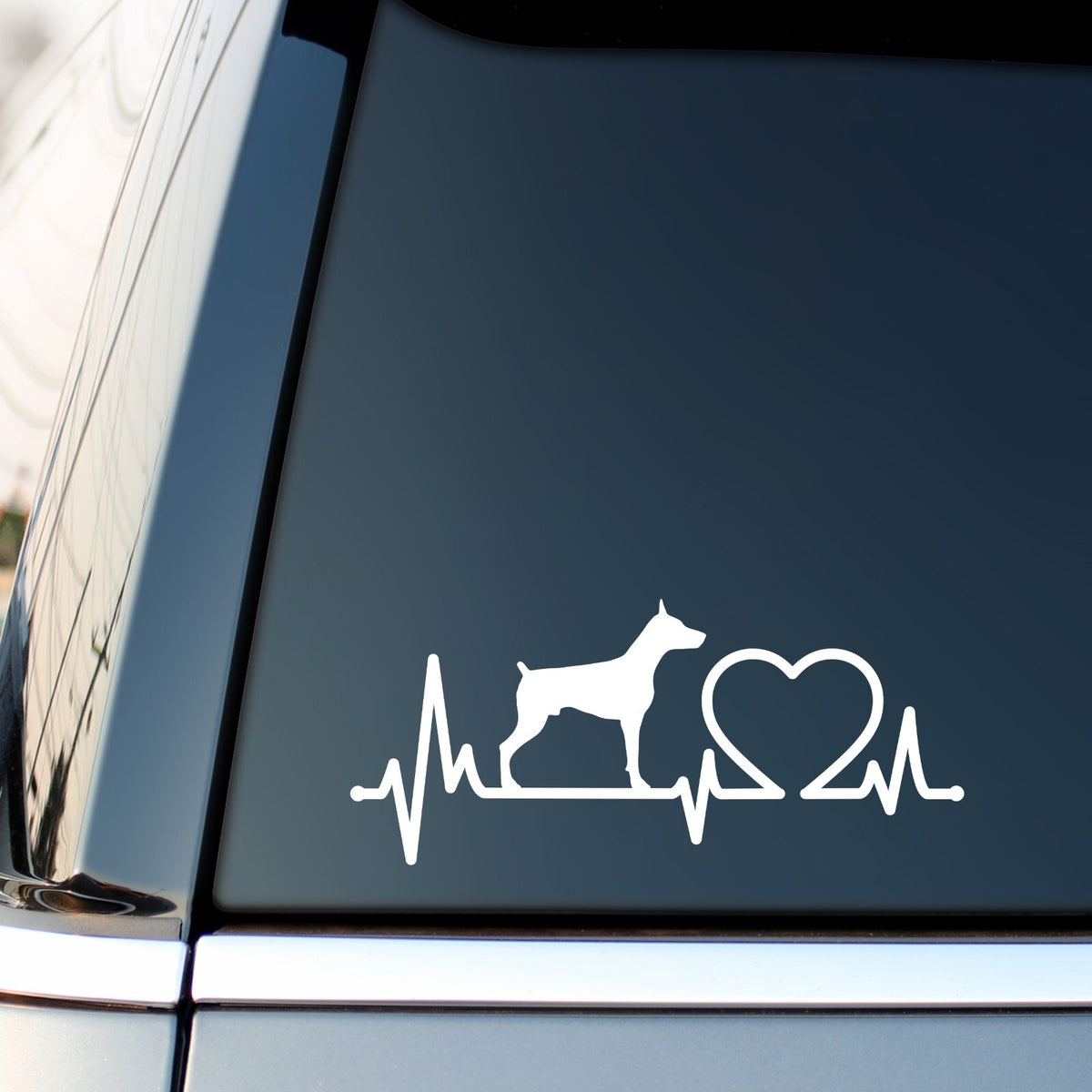 White Doberman Heartbeat decal on a car side window.