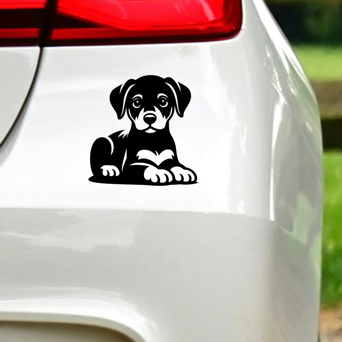 Doberman Puppy vinyl sticker — black decal on white vehicle bodywork.
