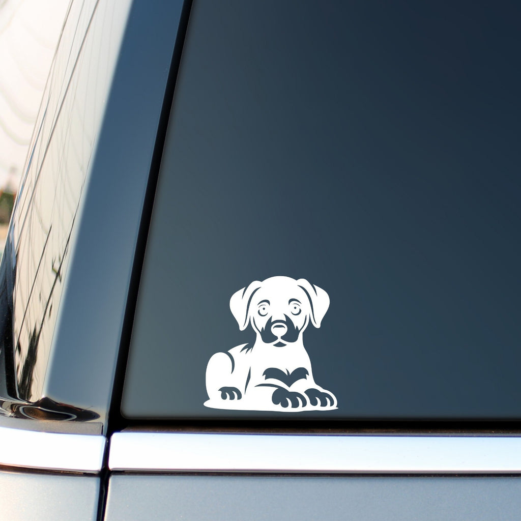 Doberman Puppy vinyl sticker — white decal on a vehicle window.