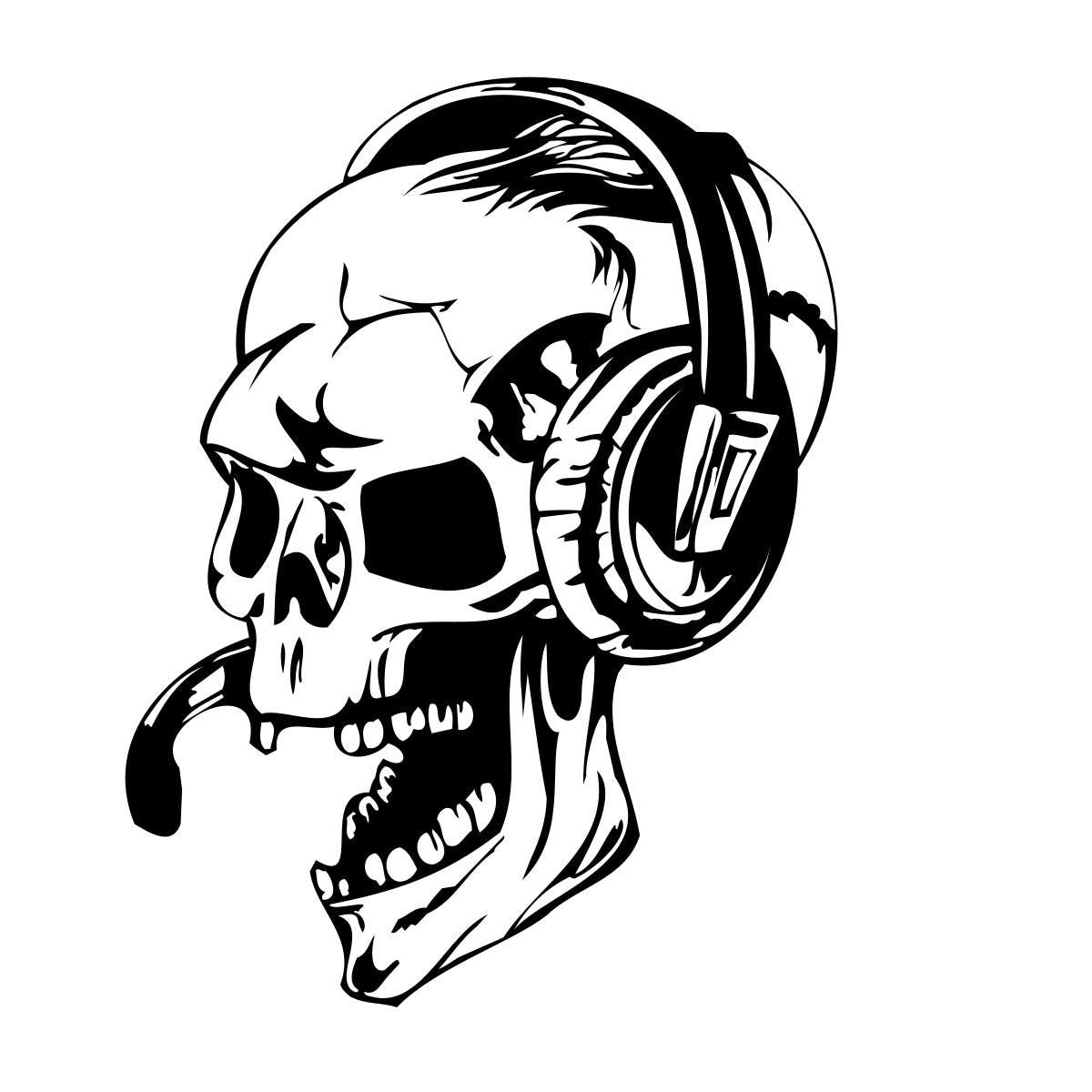 skull wearing headphones vinyl artwork for Large Skull Vehicle Decal – Design 10 on a white background