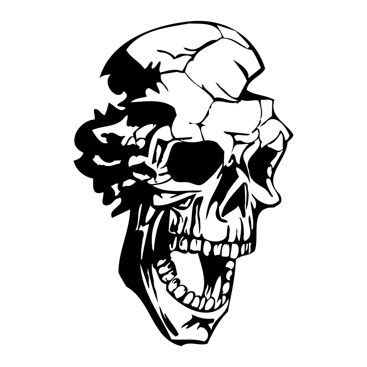 Black cracked skull decal artwork with an open jaw on a plain white background.