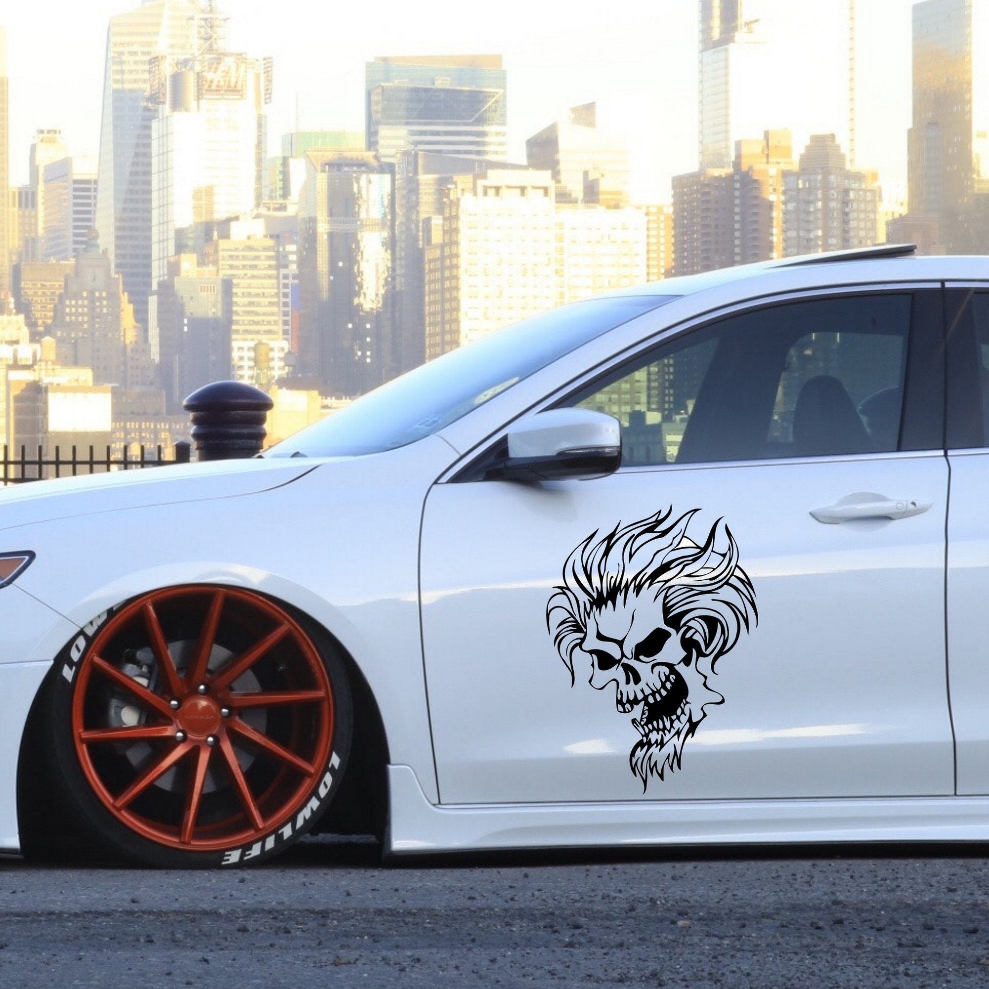 Large Skull Vehicle Decal – Design 7 shown fitted to a white car door
