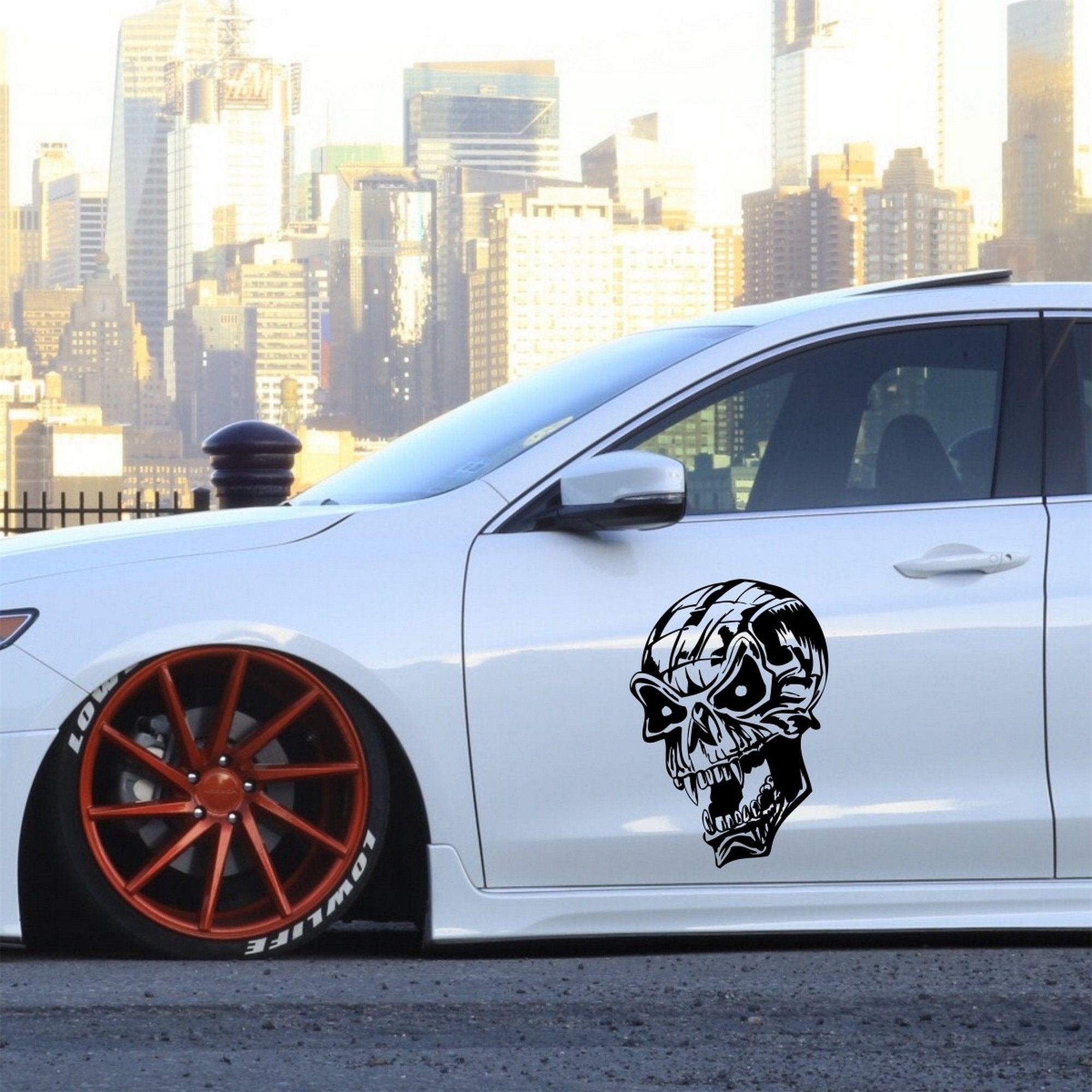 Large Skull Vehicle Decal – Design 8 shown fitted to a white car door