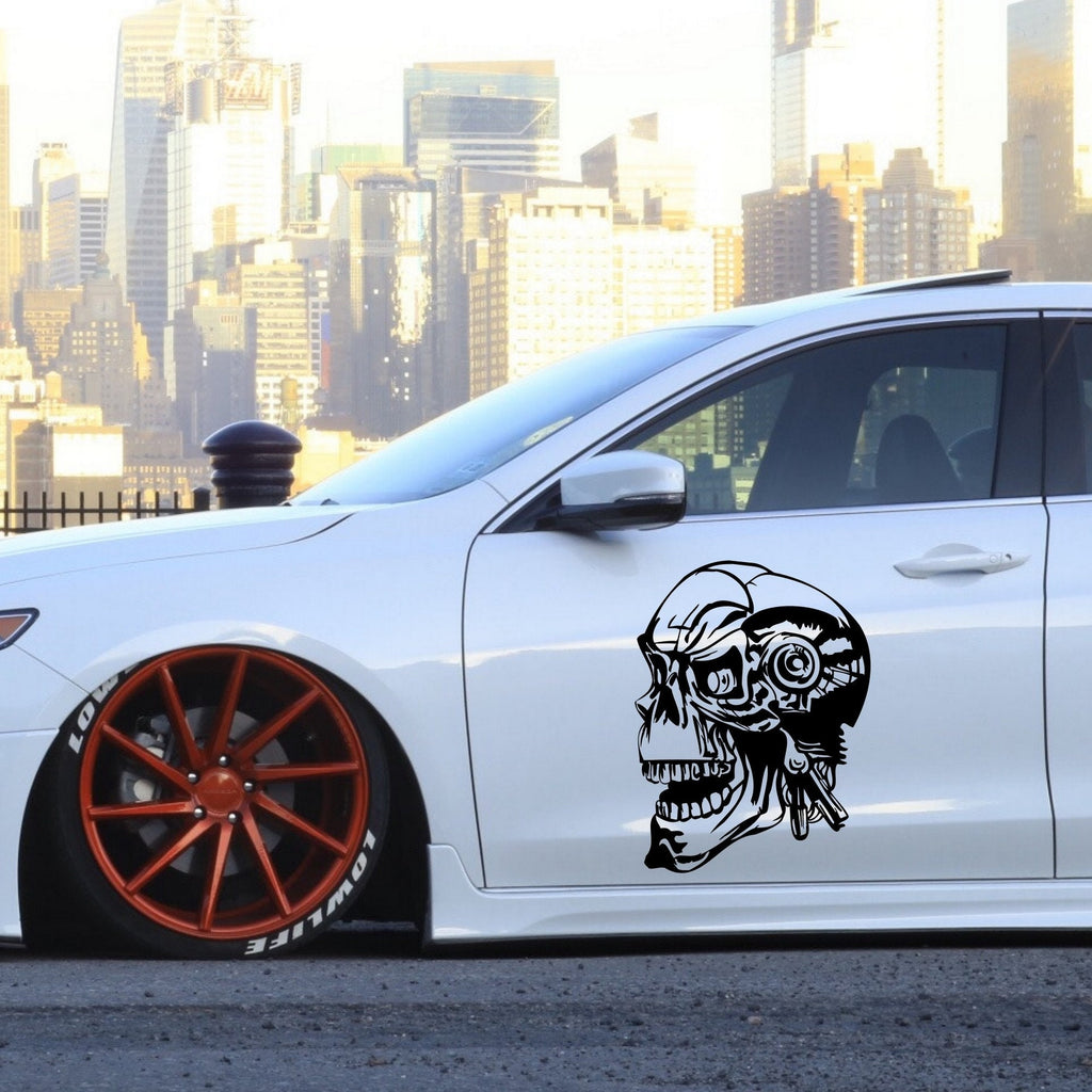 Large Skull Vehicle Decal – Design 9 shown fitted to a white car door