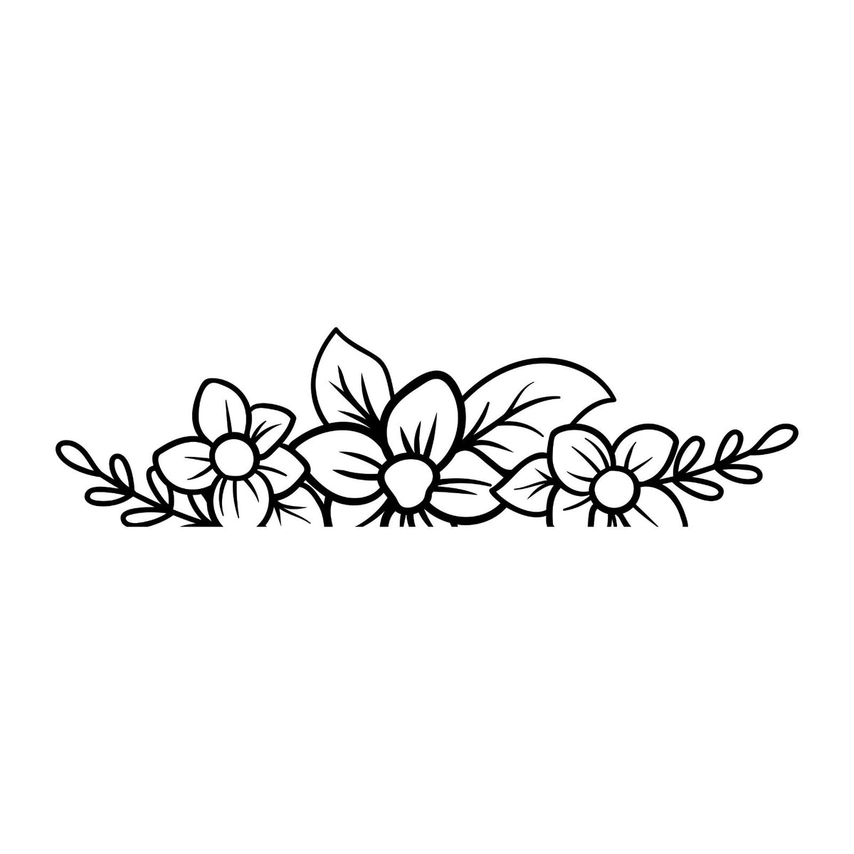 Floral border design with three flowers and leafy stems shown in black on white.