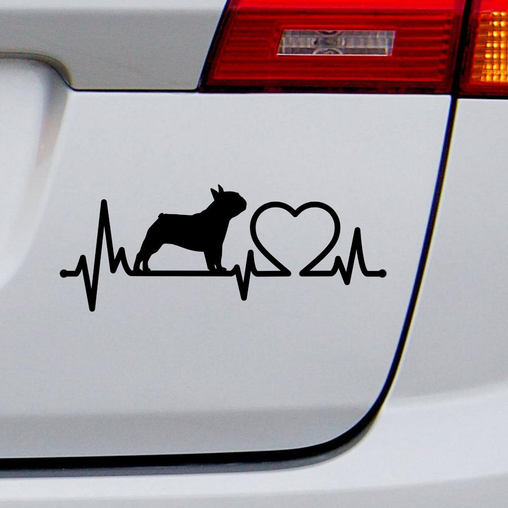 Black french bulldog heartbeat decal on a white vehicle tailgate.