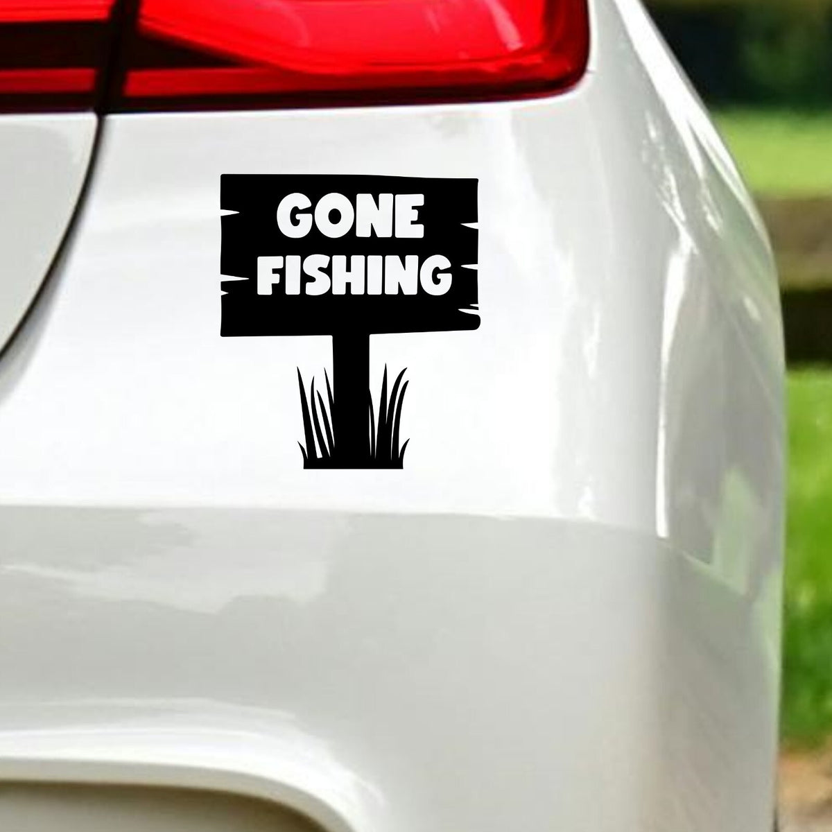 Gone Fishing Signpost Car Sticker in the design shown.