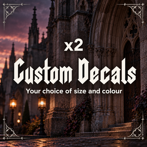 Two custom decals in your choice of size and colour, illustrated with white Gothic lettering against a stone building.