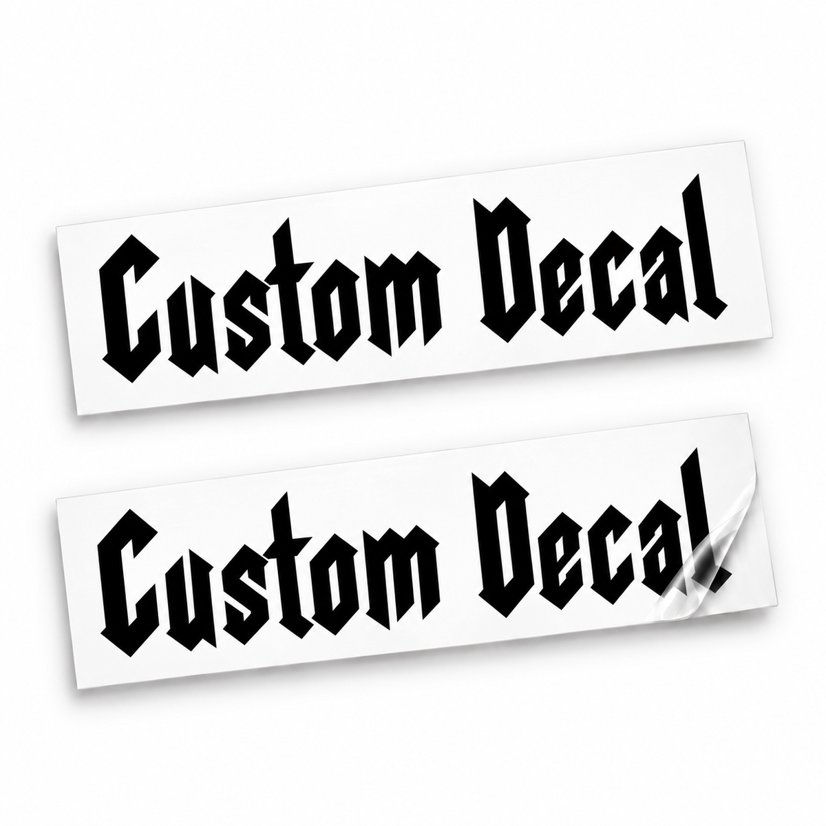 Two matching black Custom Decal vinyl stickers in Gothic blackletter on backing sheets against white.