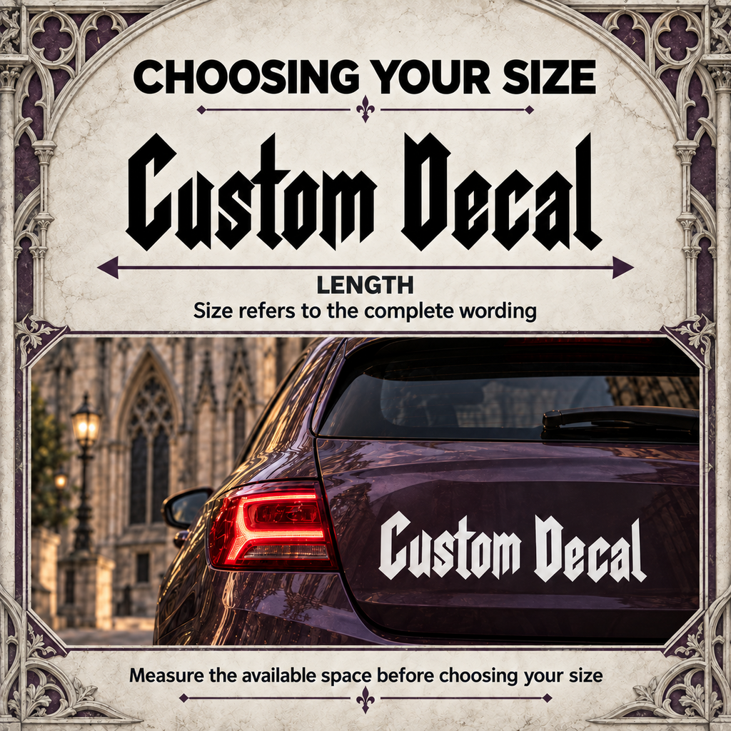 Gothic lettering length guide showing the complete wording and a white decal on a plum car.