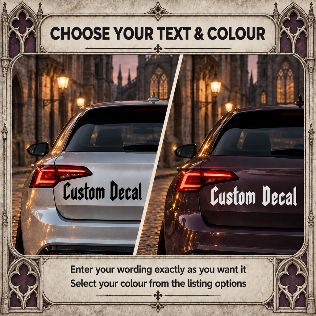 Black Gothic lettering on a silver car and white lettering on a plum car, showing text and colour choices.