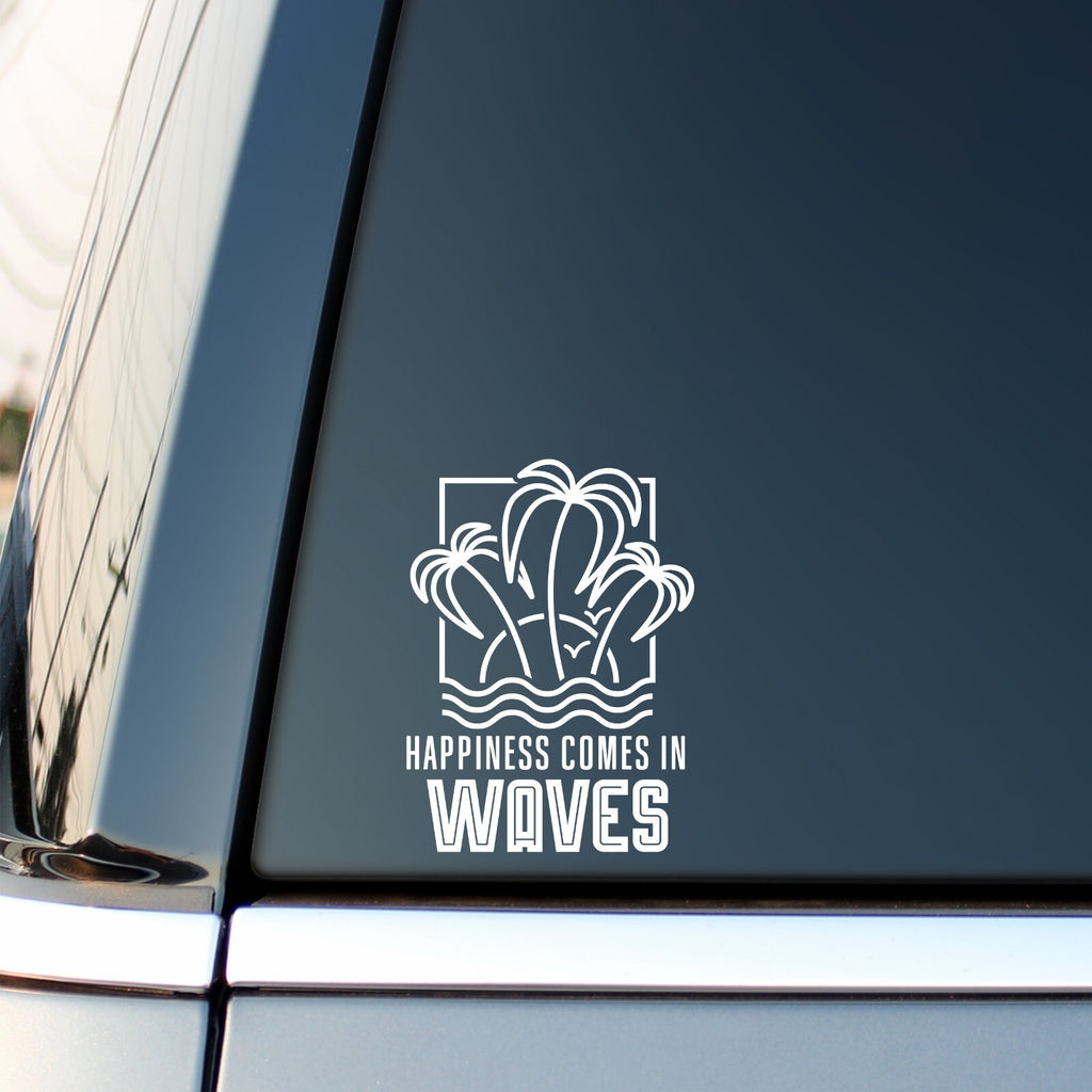White Happiness Comes In Waves palm tree decal on a car side window.