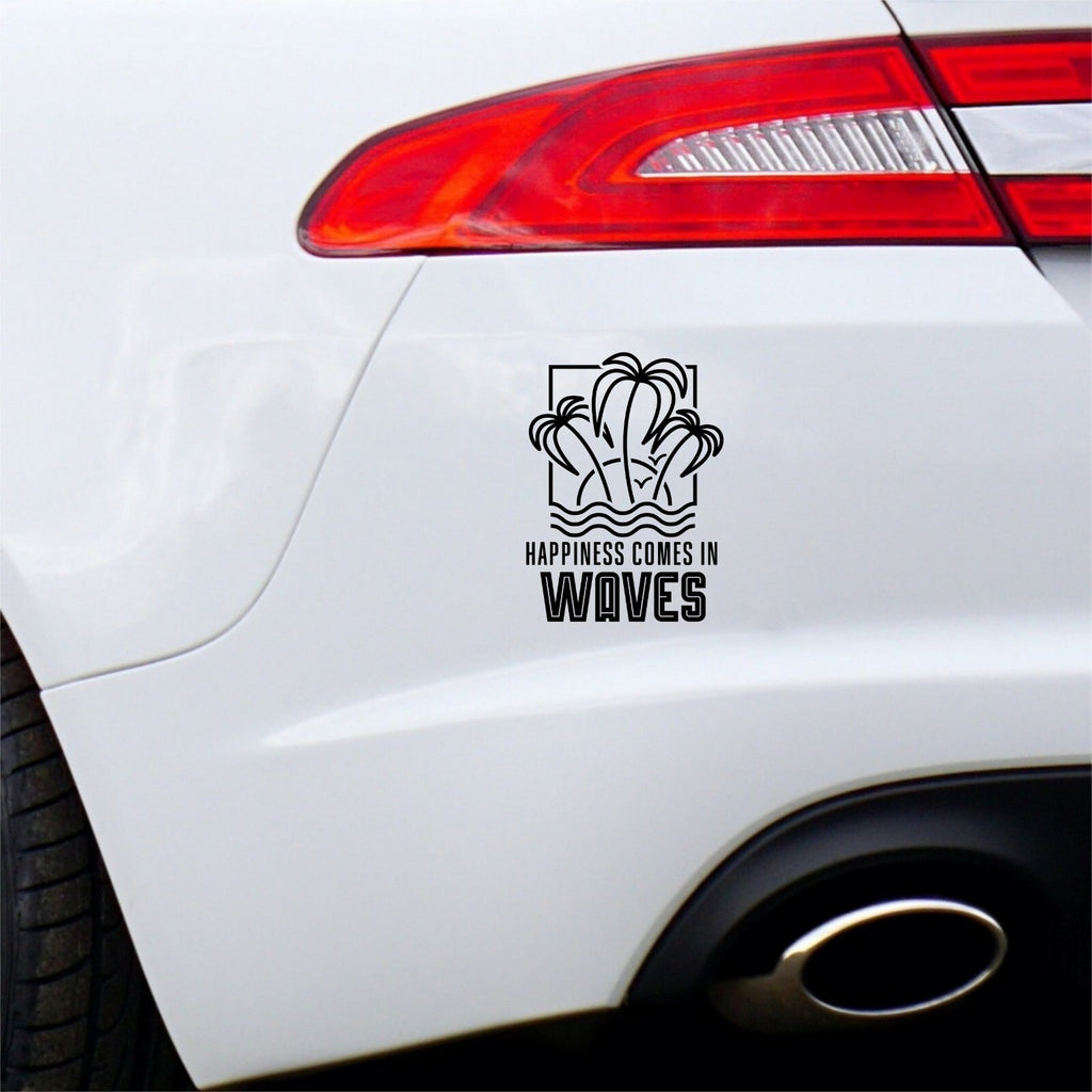 Black Happiness Comes In Waves palm tree decal on a white car rear bumper.