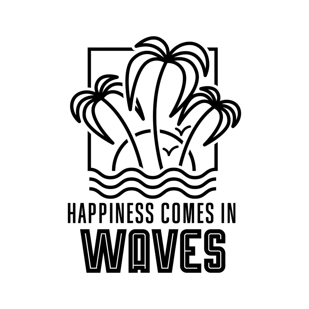 Happiness Comes In Waves Palm Trees decal design shown in black on a plain white background.