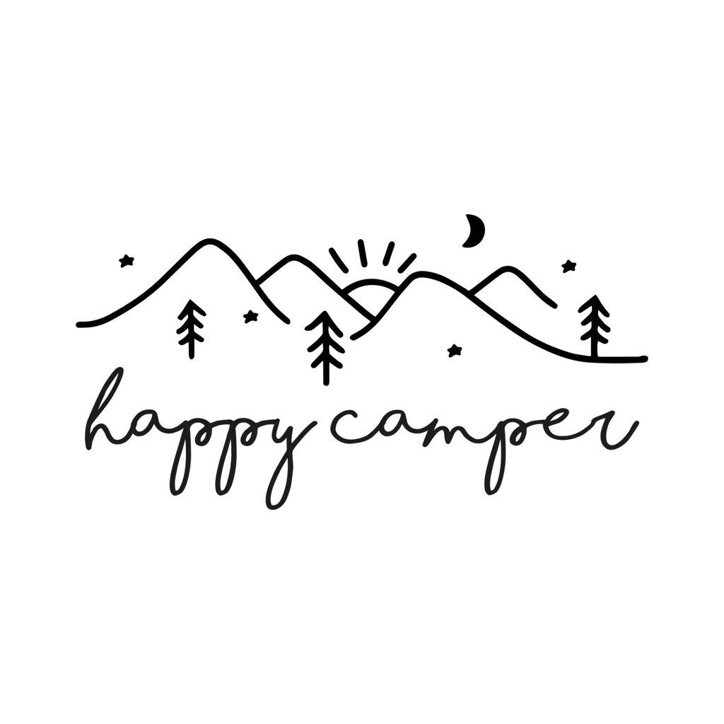 Happy Camper Mountain Script Caravan Sticker design shown in black on a plain white background.