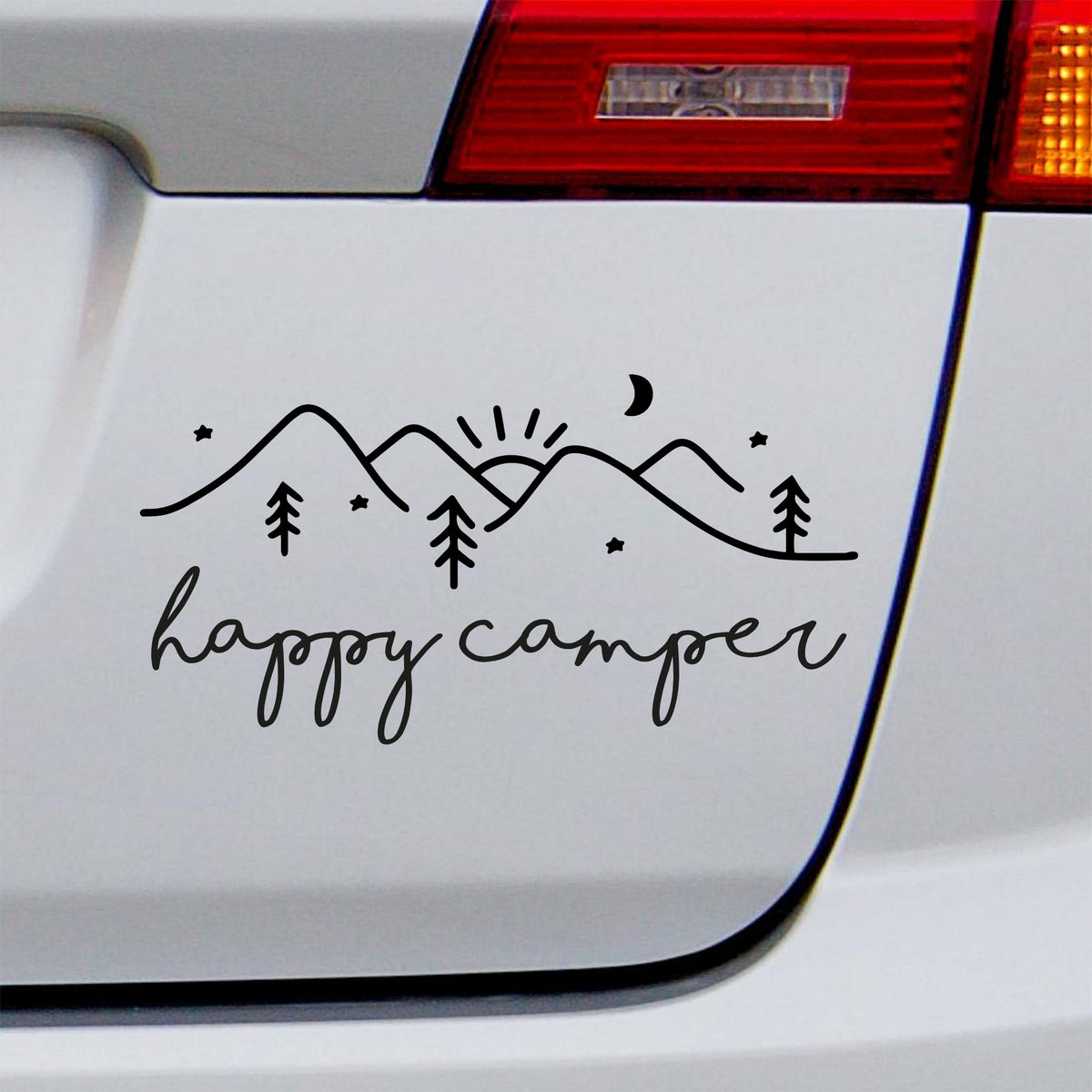 Additional view of Happy Camper Mountains Sticker Car Van Caravan Camp Camping Window Vinyl Decal.