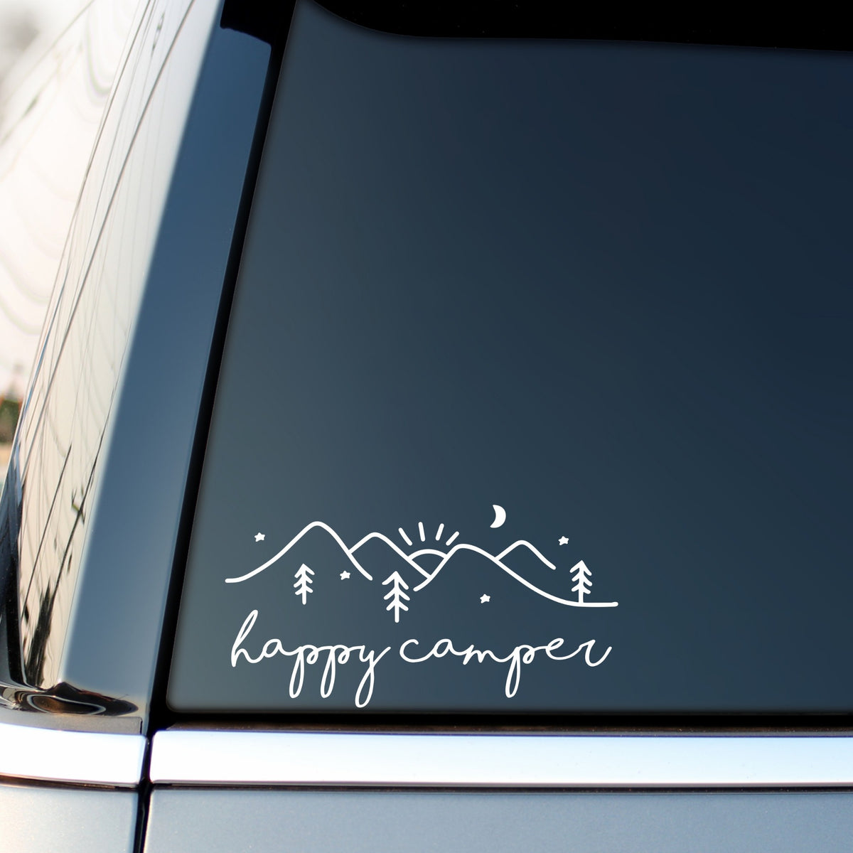 Additional view of Happy Camper Mountains Sticker Car Van Caravan Camp Camping Window Vinyl Decal.