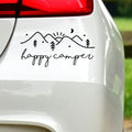 Happy Camper Mountains Outline Car Sticker in the design shown.