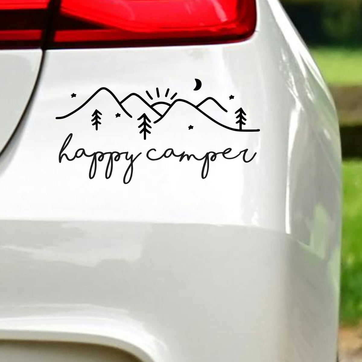 Happy Camper Mountains Outline Car Sticker in the design shown.