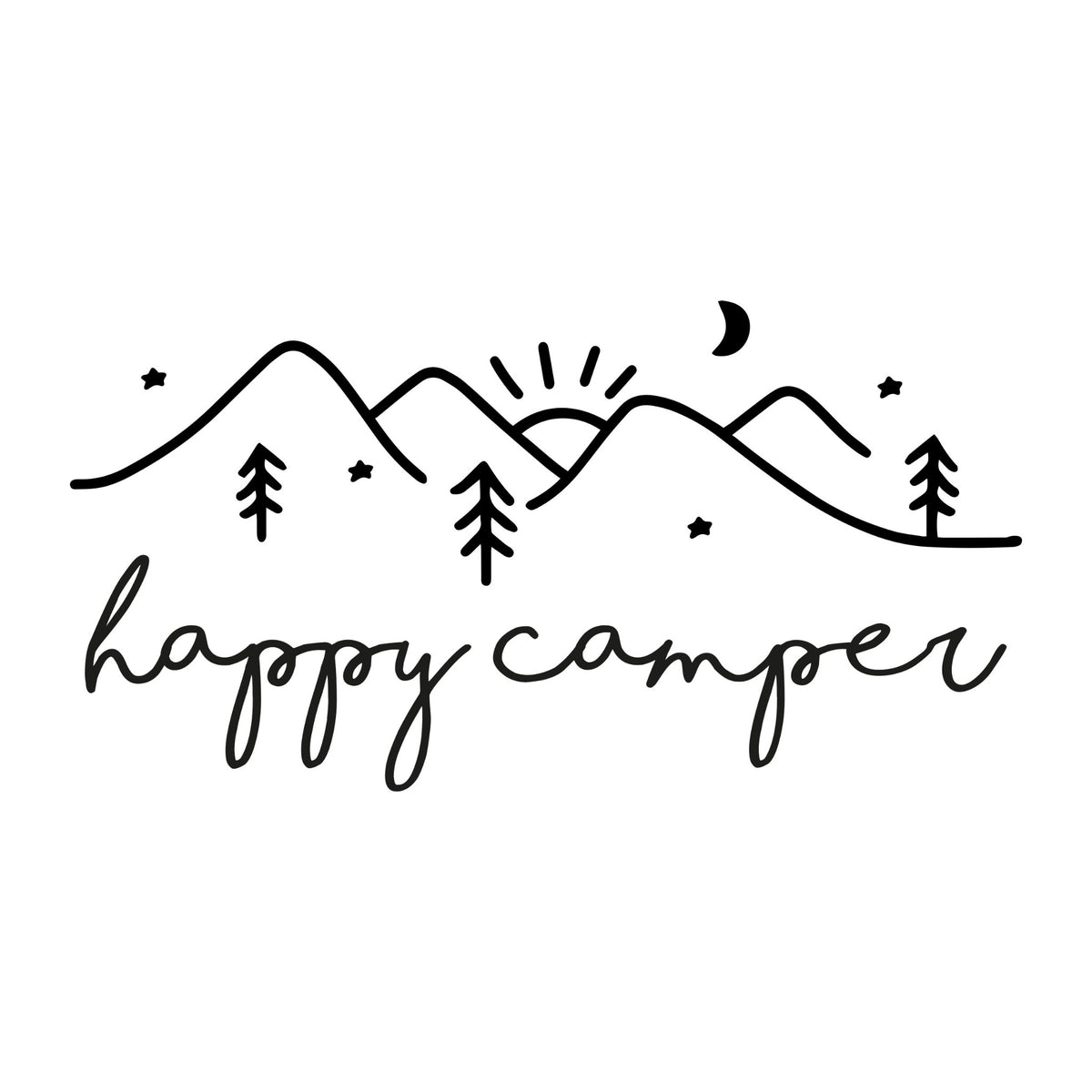 Happy Camper Mountains Sticker Car Van Caravan Camp Camping Window Vinyl Decal design shown on a white background.