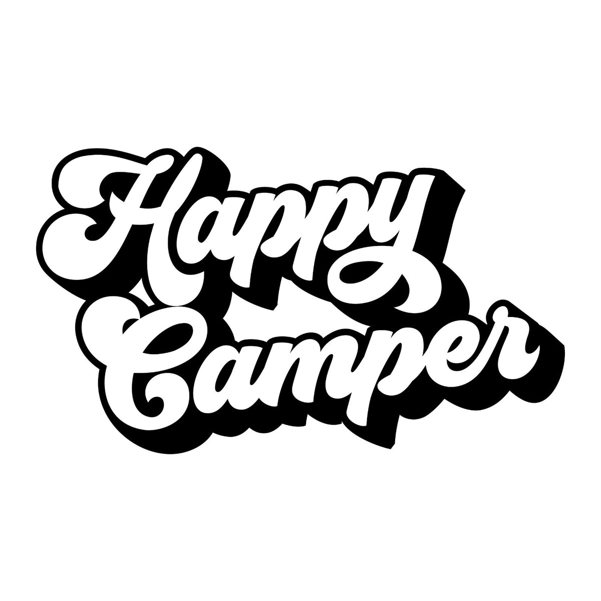 Happy Camper Outline Lettering decal design shown in black on a plain white background.