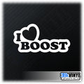 I Love Boost Car Sticker — product design and example placement.