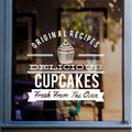 Delicious Cupcakes bakery window sticker displayed on glass
