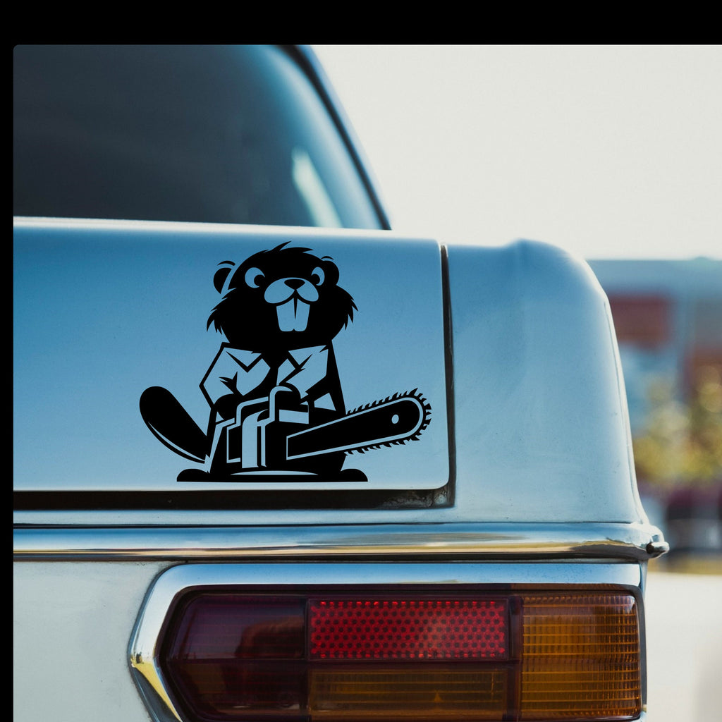 Beaver with chainsaw car decal design 1 alternate product preview 1