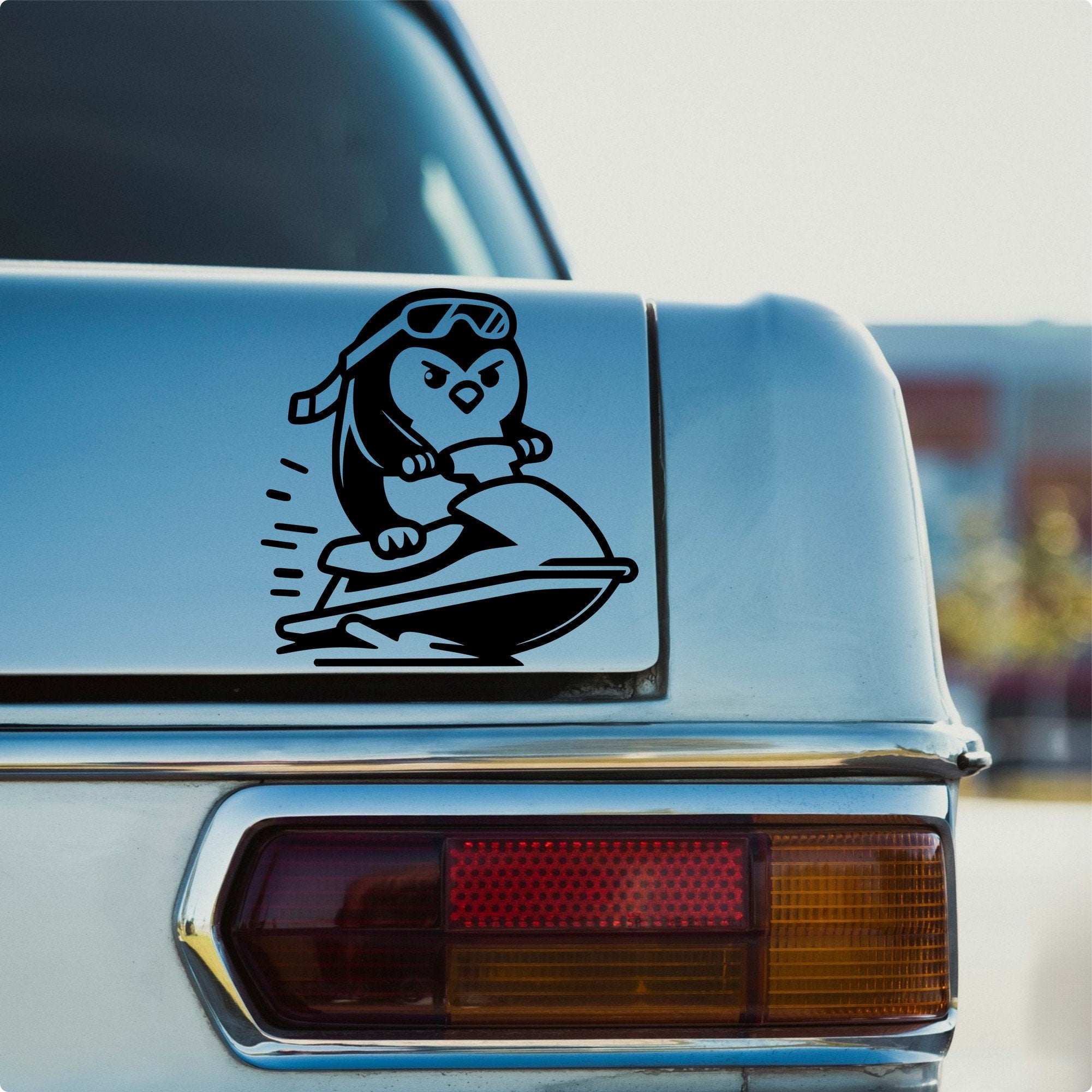 Penguin on a jet ski car decal design 1 alternate product preview 1