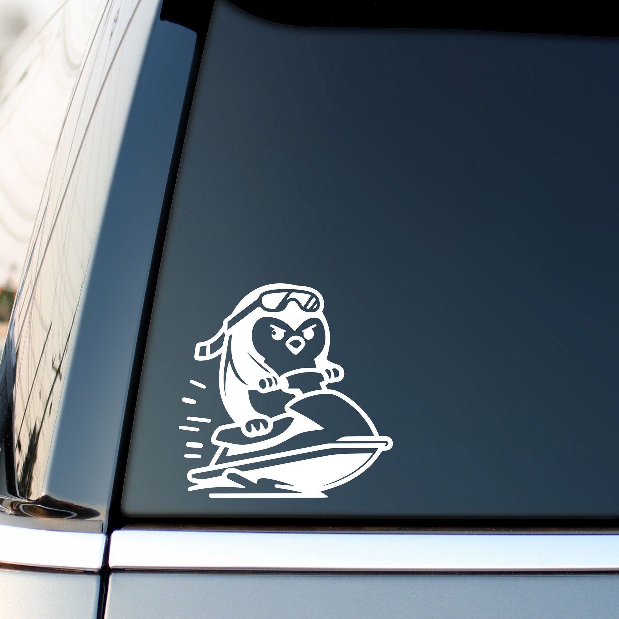 Penguin on a jet ski car decal design 1 alternate product preview 3