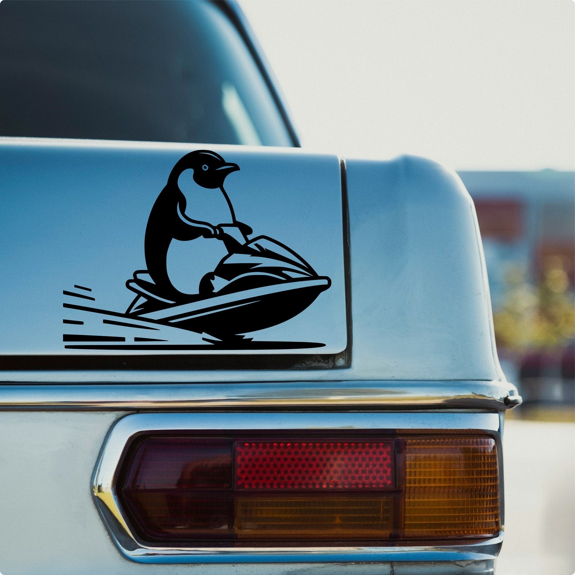 Penguin on a jet ski car decal design 2 alternate product preview 2