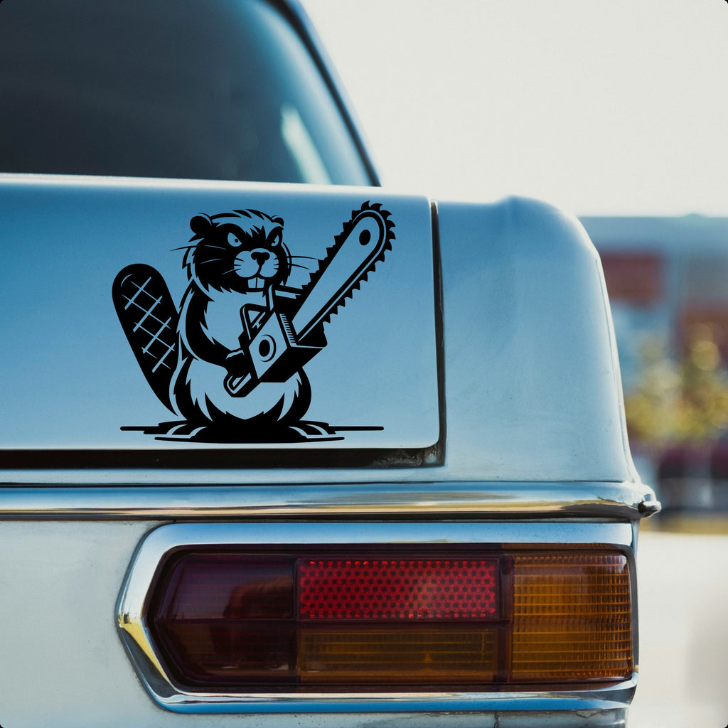 Beaver with chainsaw vinyl car sticker design 2 main product image