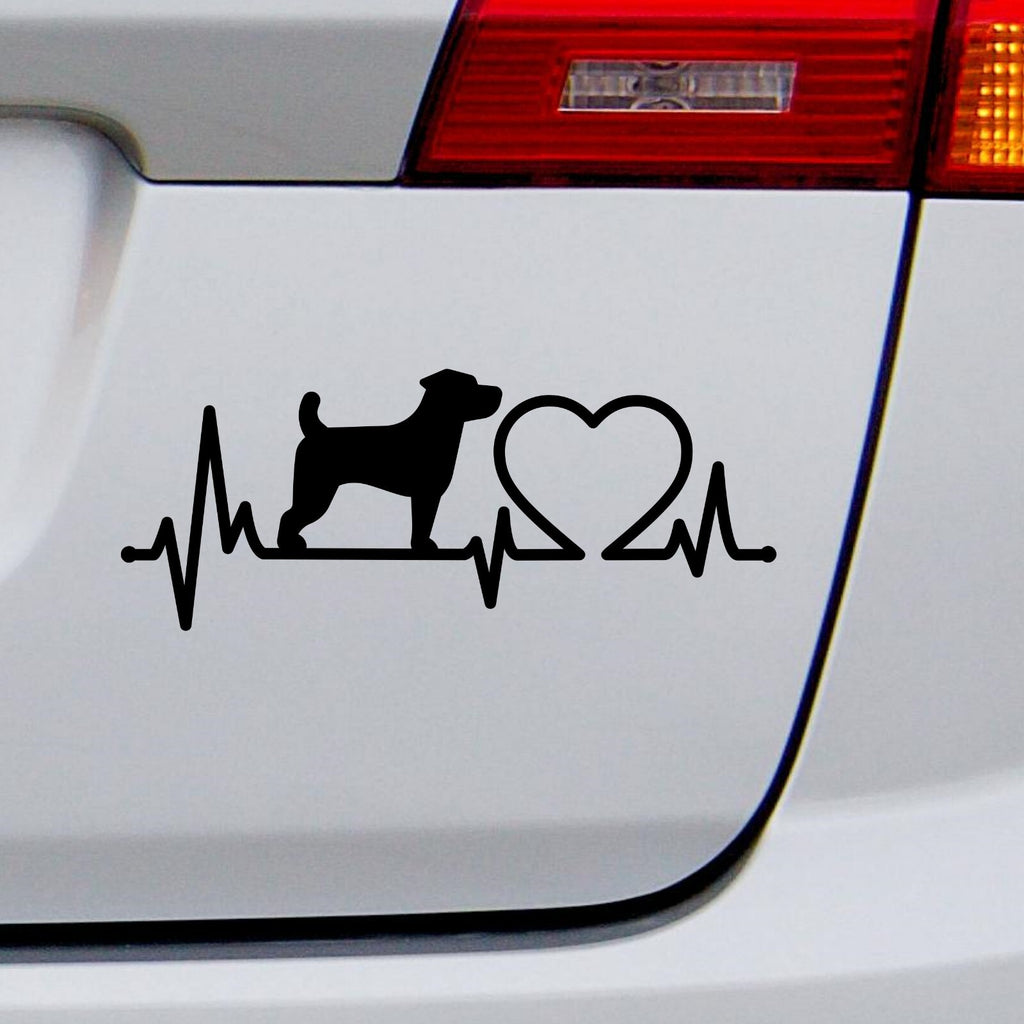 Black jack russell heartbeat decal on a white vehicle tailgate.