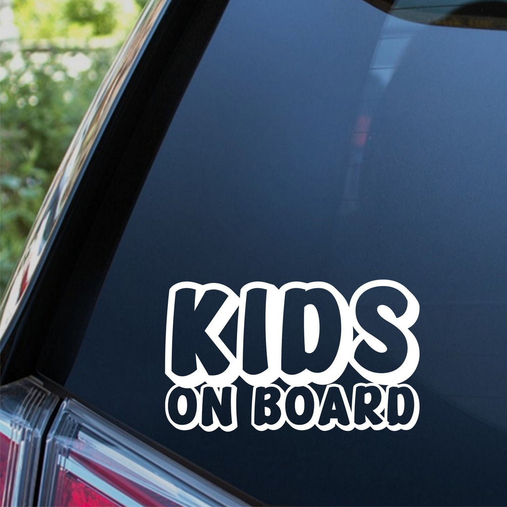 Kids On Board outline car sticker shown on a dark vehicle window