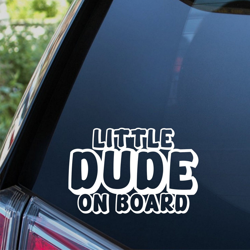 Little Dude On Board outline car sticker shown on a dark vehicle window