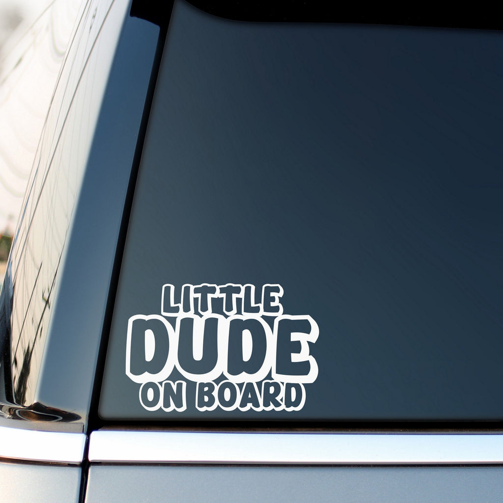 Little Dude On Board outline car sticker shown on a vehicle rear window