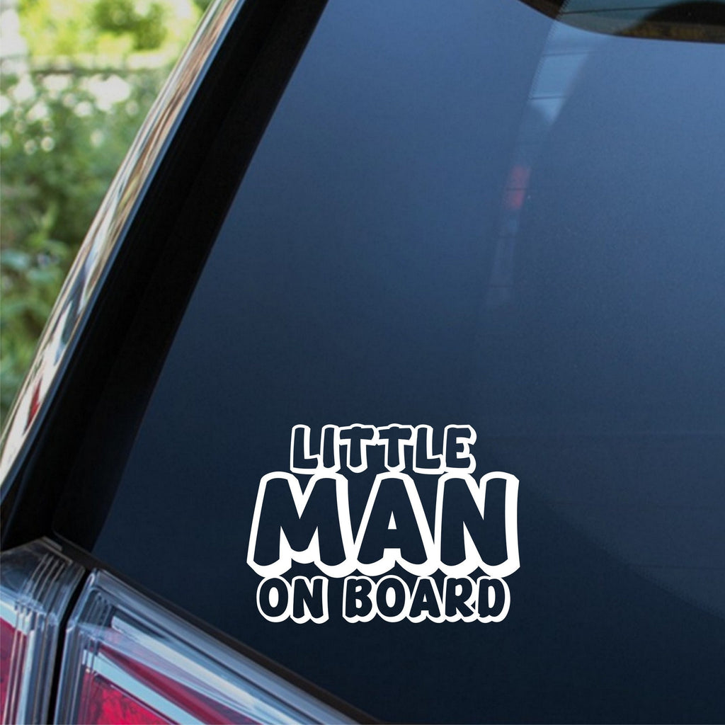 Little Man On Board outline car sticker shown on a dark vehicle window