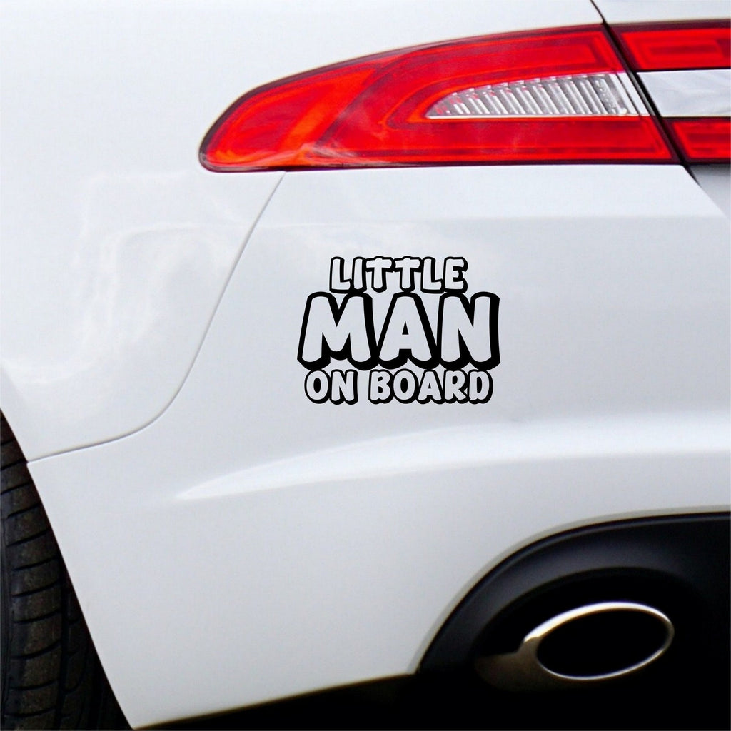 Little Man On Board outline car sticker shown on white vehicle bodywork