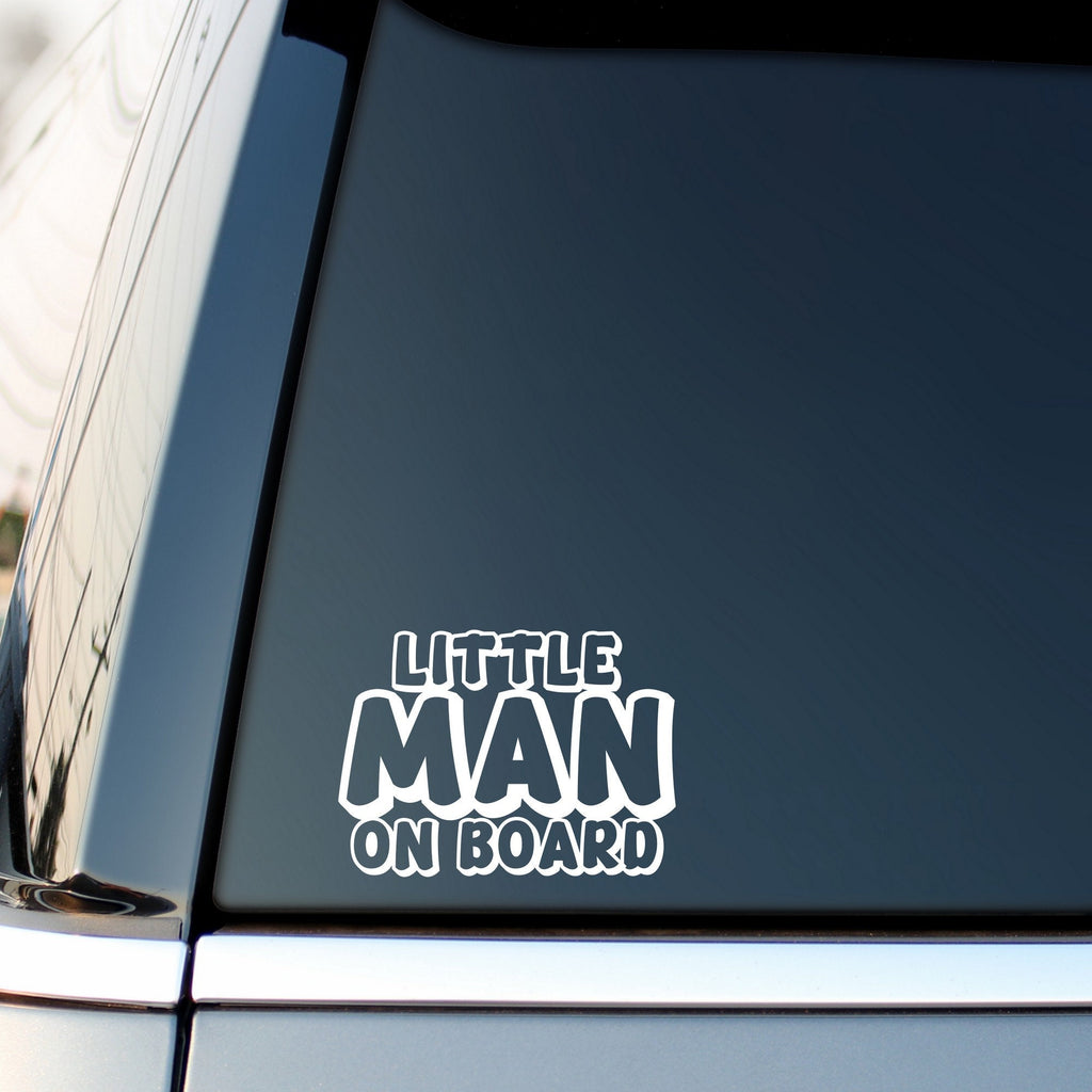 Little Man On Board outline car sticker shown on a vehicle rear window