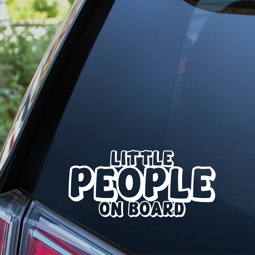 Little People On Board outline car sticker shown on a dark vehicle window