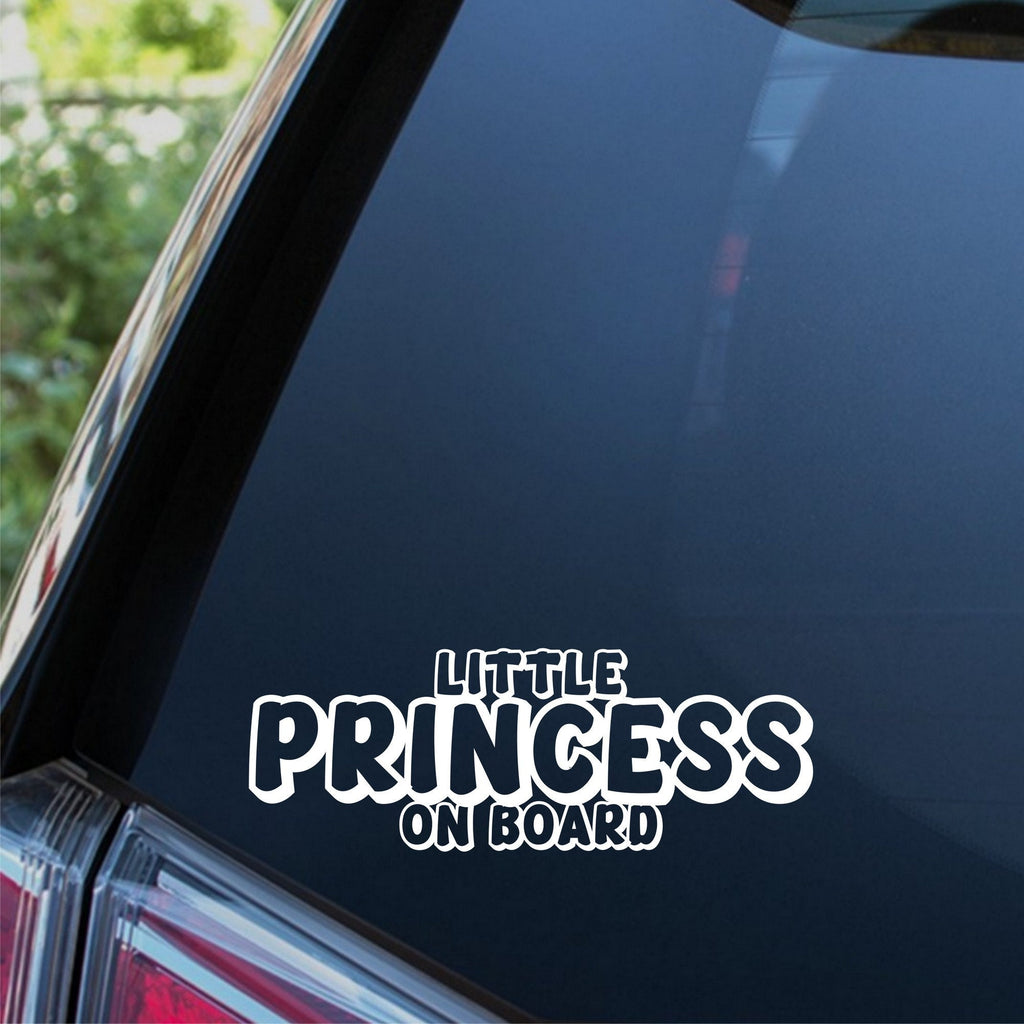 Little Princess On Board outline car sticker shown on a dark vehicle window